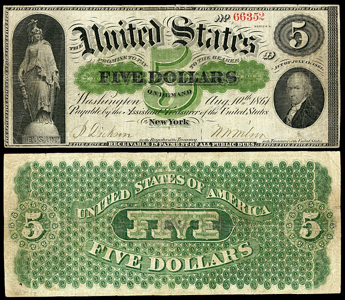 Billet de 5 dollars émis sous Lincoln en 1861